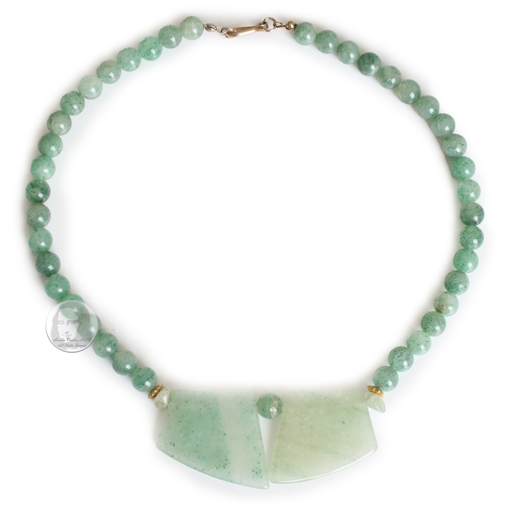 Vintage Necklace Choker Green Jade Stones Abstract & Round Artisan Handmade 80s